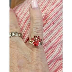 Paw Print Sterling Silver Ring Size 6 Orange Stones 11x11mm